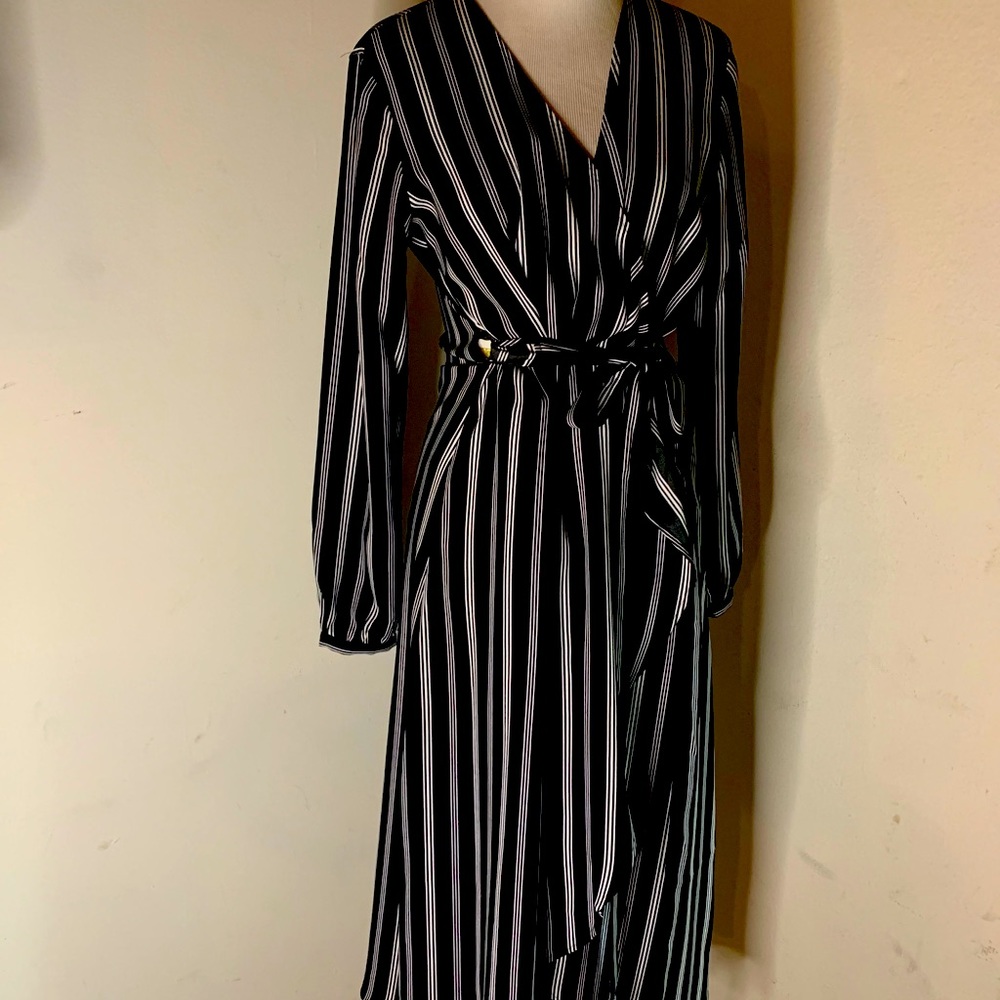LOFT Pinstripe Mid calf Wrap Dress